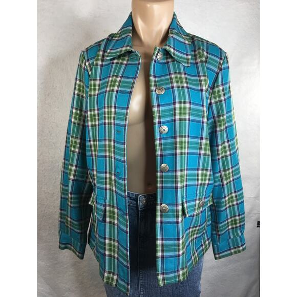 Southern‎ Lady Top Shacket Womens 8 Flannel Button Down Teal Blue & Green Plaid - Picture 3 of 15